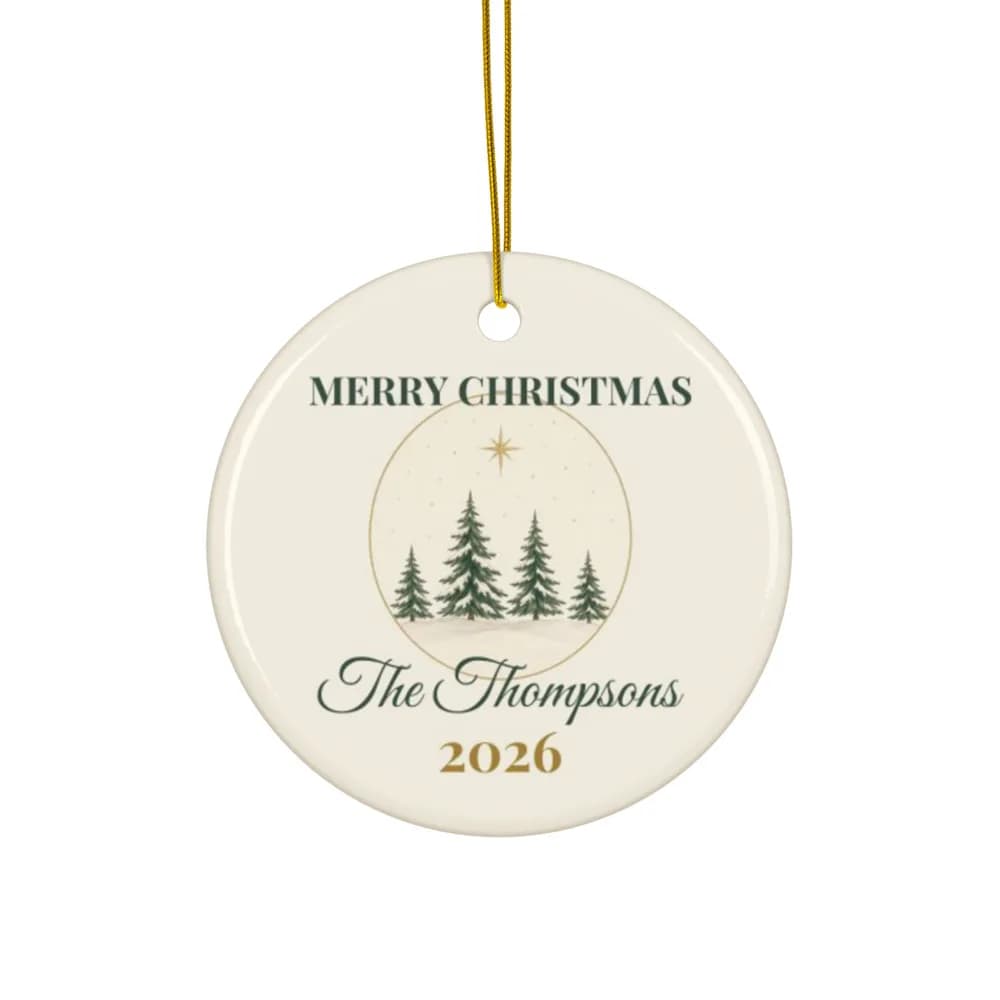 Family Christmas Snowy Pines Ceramic Ornament
