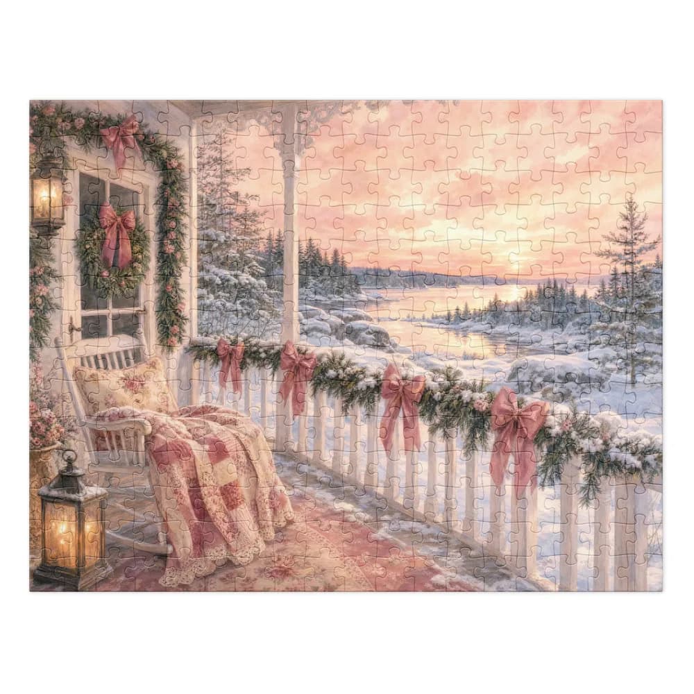 Muskoka Cottage Porch at Christmas Jigsaw Puzzle