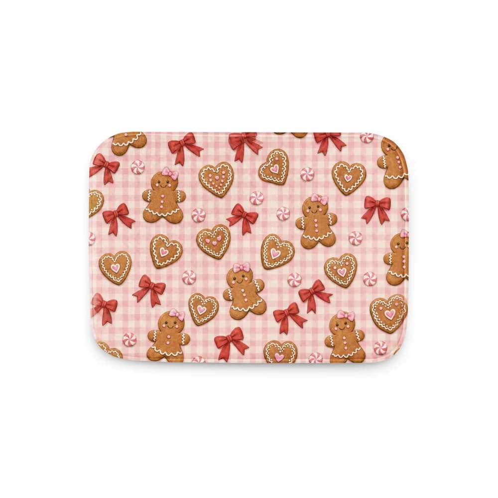 Pink Gingham Gingerbread Pattern Bath Mat