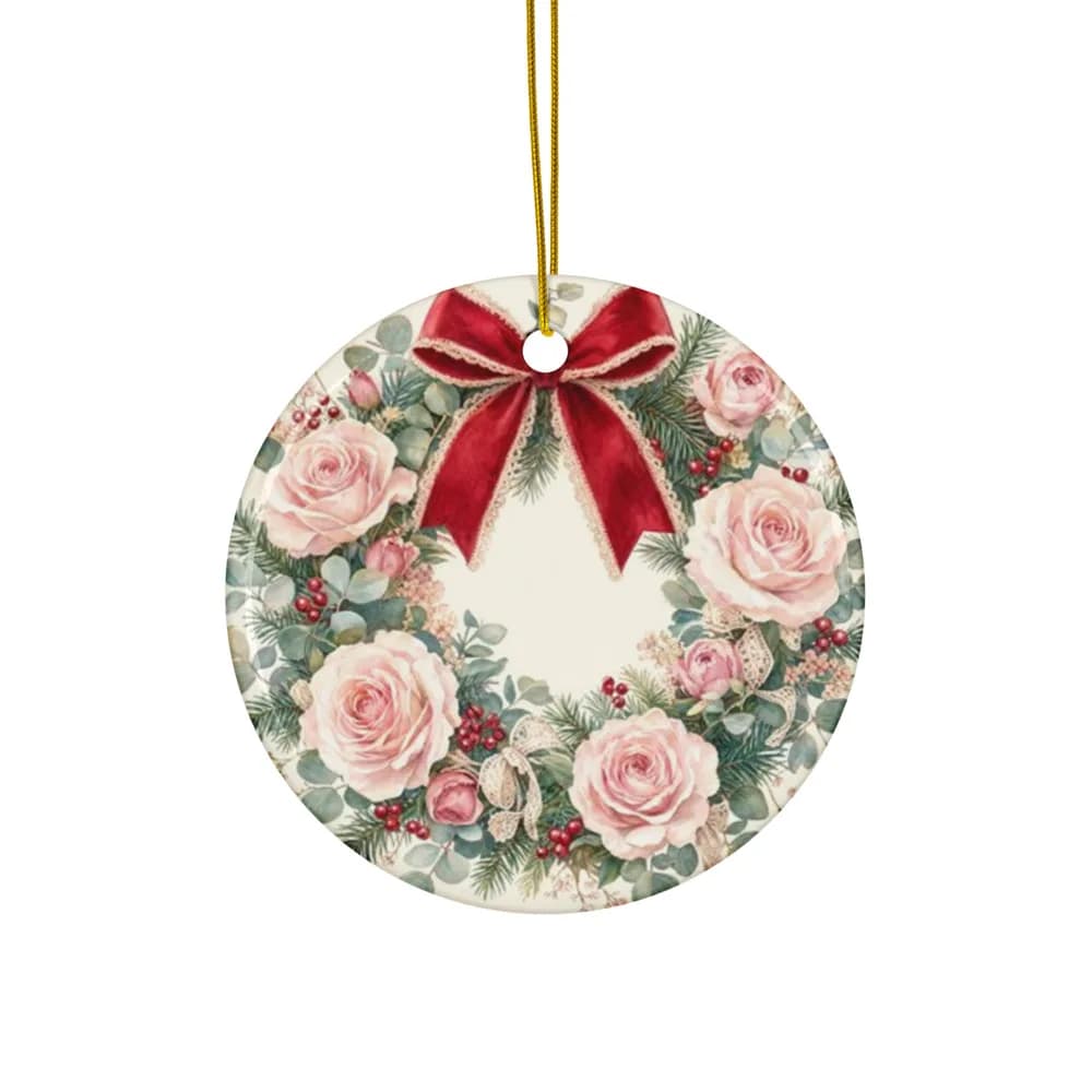 Pink Rose Wreath Ornament Ceramic Ornament