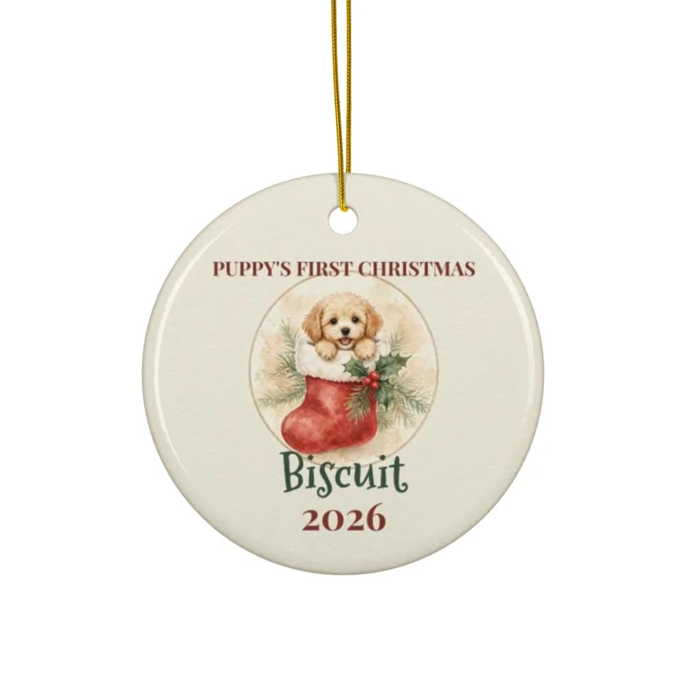 Puppy's First Christmas Stocking Ceramic Ornament