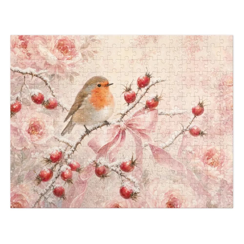 Robin on Rose Hips in the Snow Jigsaw Puzzle