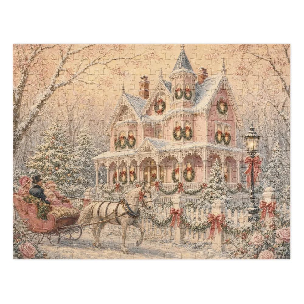 Vintage Christmas Card Pink Victorian House Jigsaw Puzzle