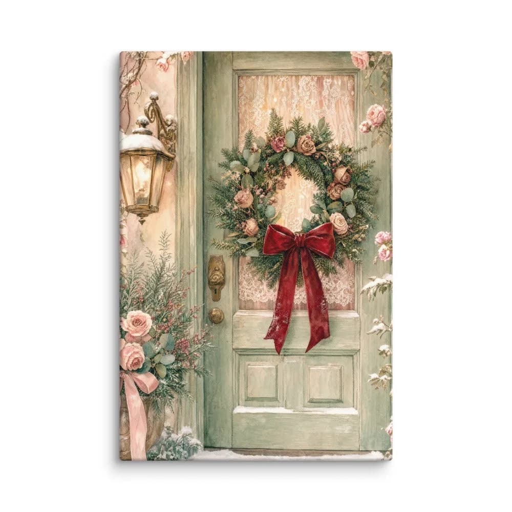 Cottage Door with a Bow Wreath Canvas Print