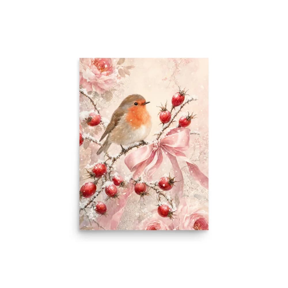 Robin on Rose Hips in the Snow Art Print