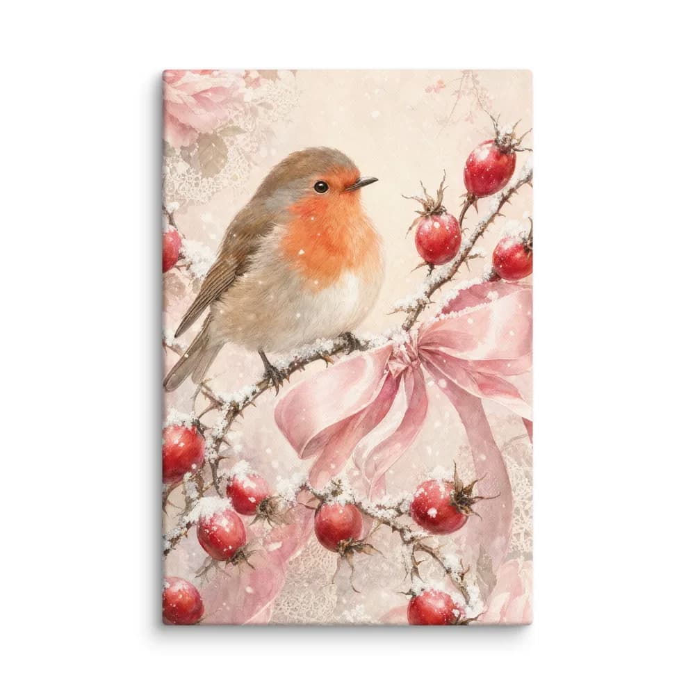 Robin on Rose Hips in the Snow Canvas Print