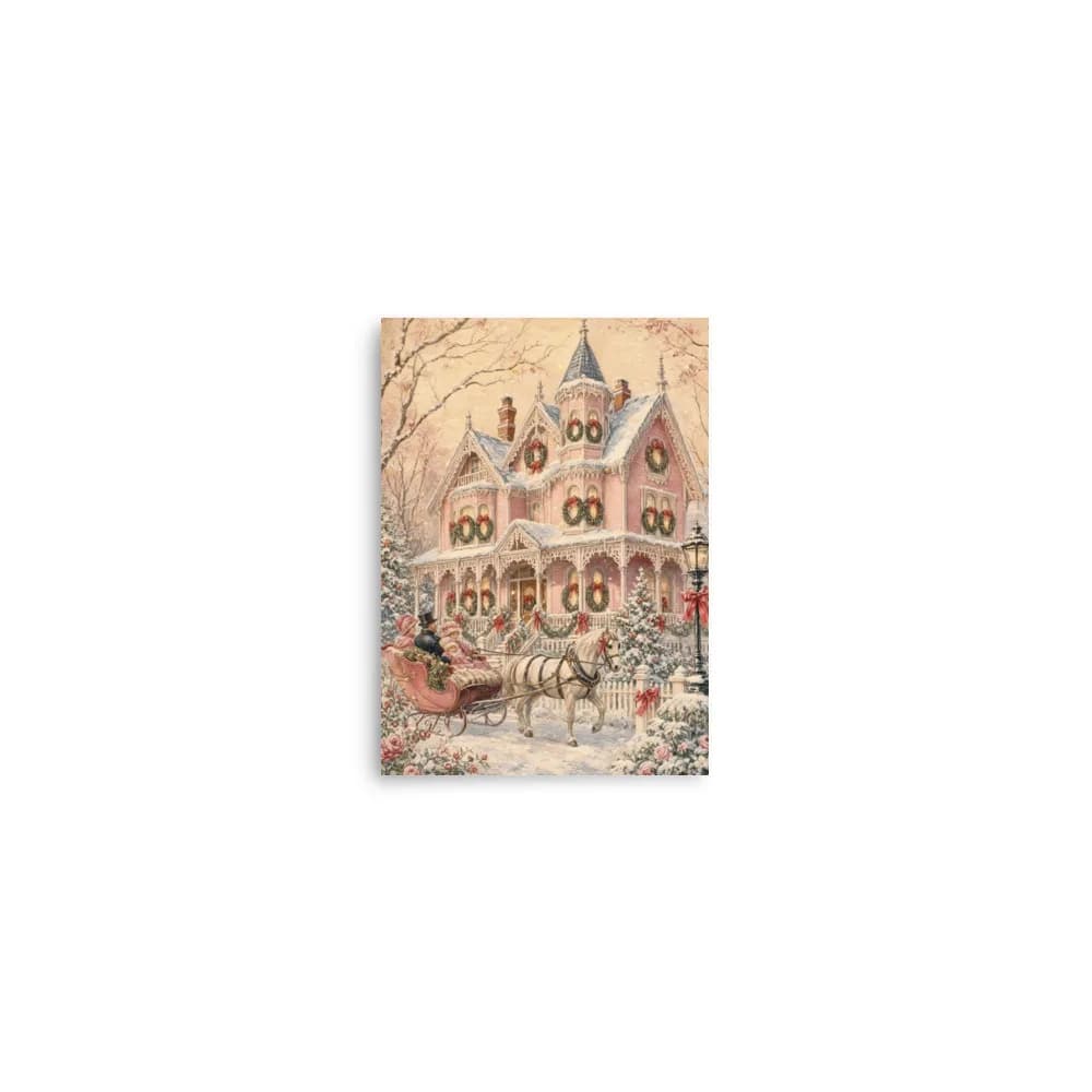 Vintage Christmas Card Pink Victorian House Art Print
