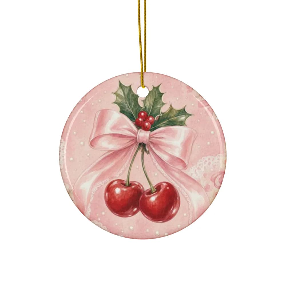 Handcrafted Home Cherries and Bow Ornament – Ceramic Ornament, cottage-style art