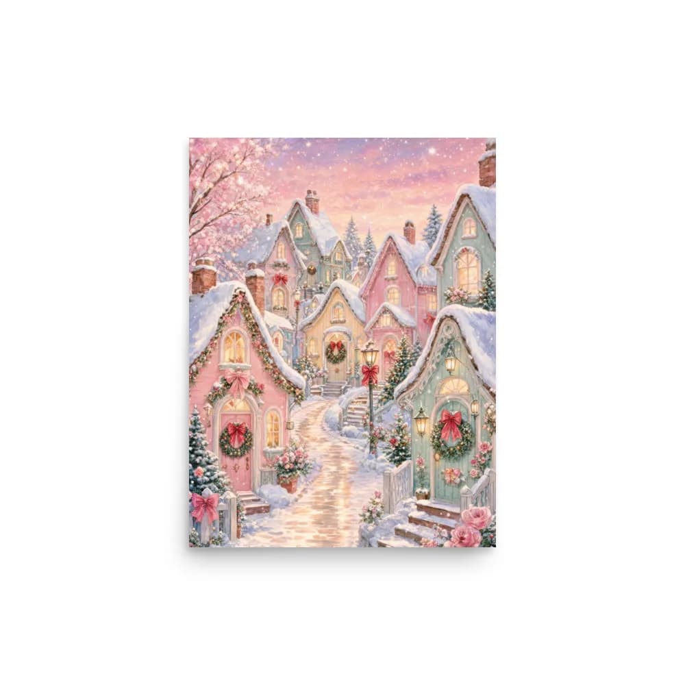 Handcrafted Home Pastel Christmas Village at Dusk Art Print – cottage-style art