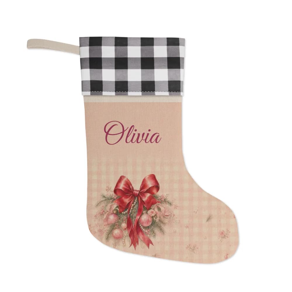Pink Bow Personalized Stocking Rustic Christmas Stocking