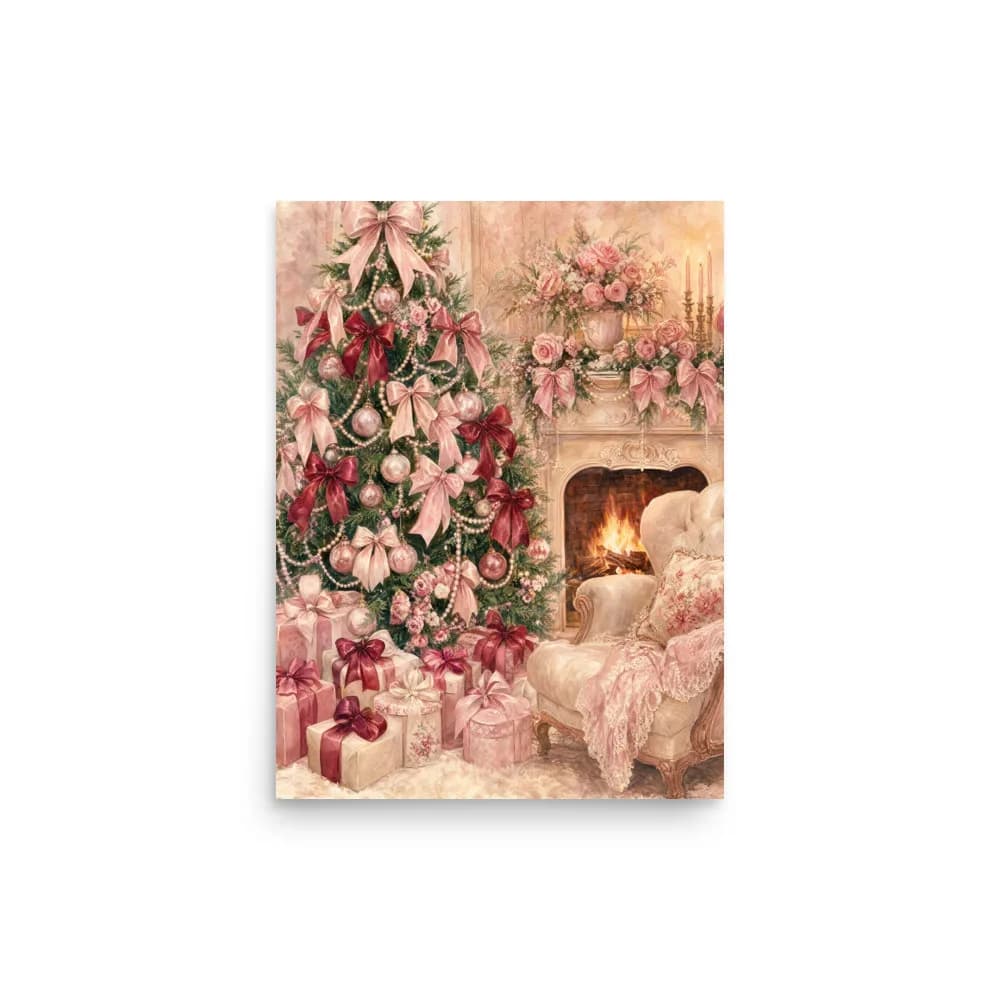Handcrafted Home Pink Christmas Tree with Satin Bows Art Print – cottage-style art