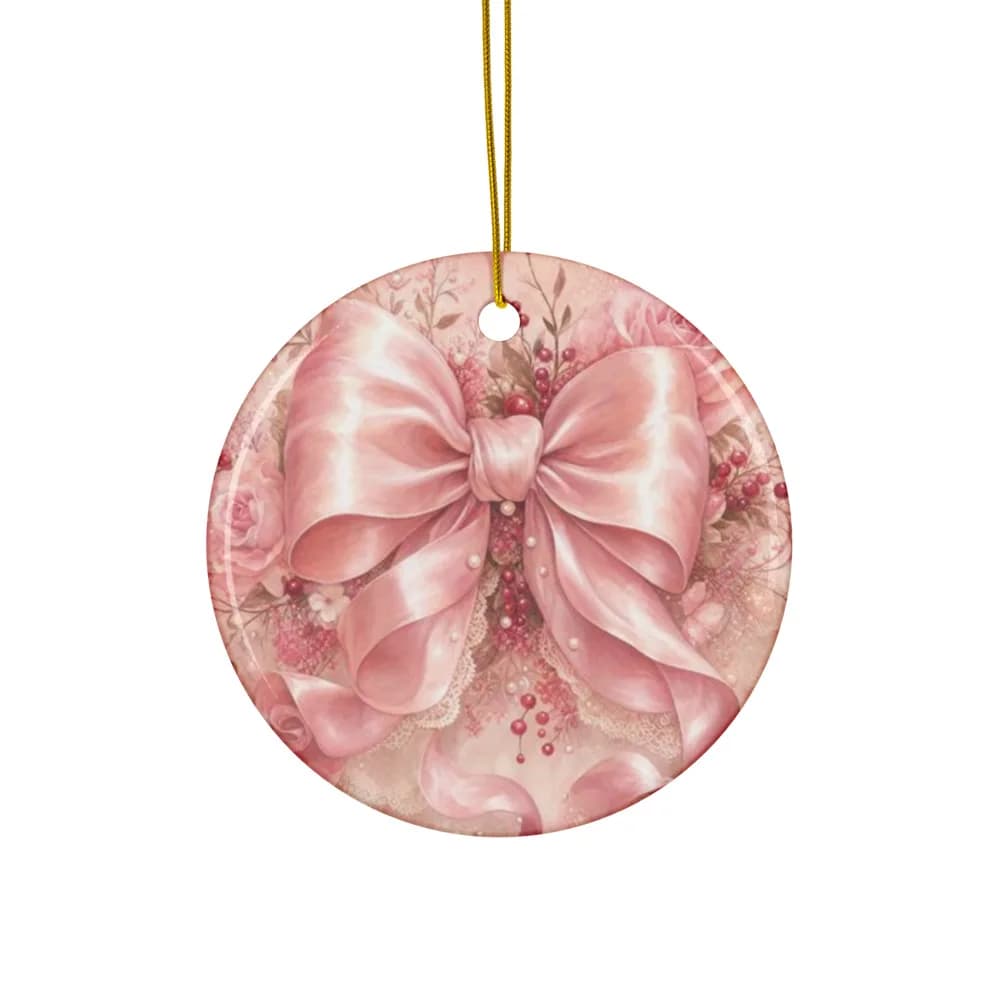 Handcrafted Home Pink Satin Bow Ornament – Ceramic Ornament, cottage-style art