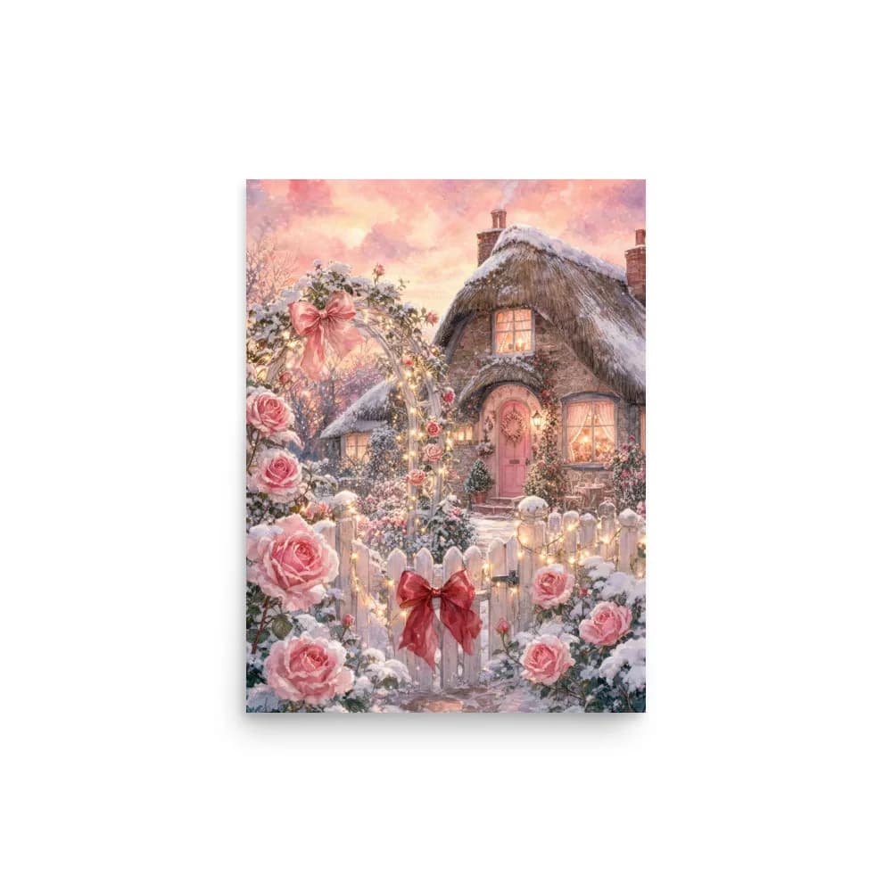 Handcrafted Home Rose Garden Cottage with Fairy Lights Art Print – cottage-style art