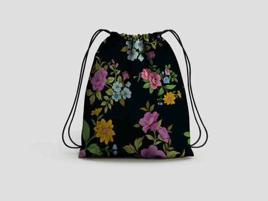 Black Floral Drawstring Backpack Bag