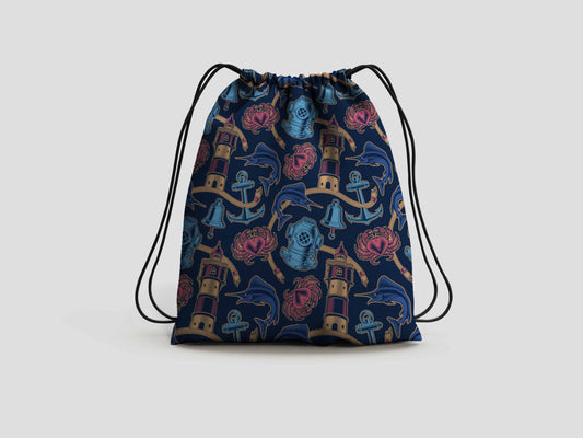 Blue Ocean Nautical Drawstring Backpack Bag