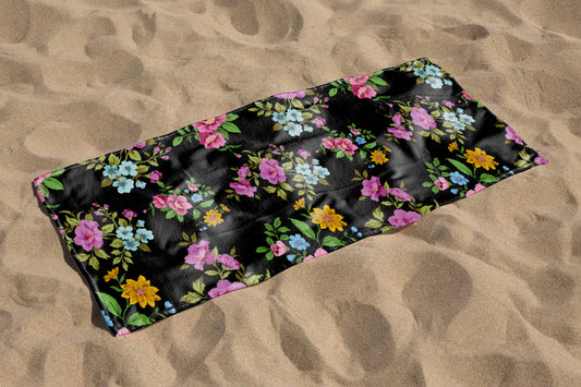 Black Floral Beach Towel