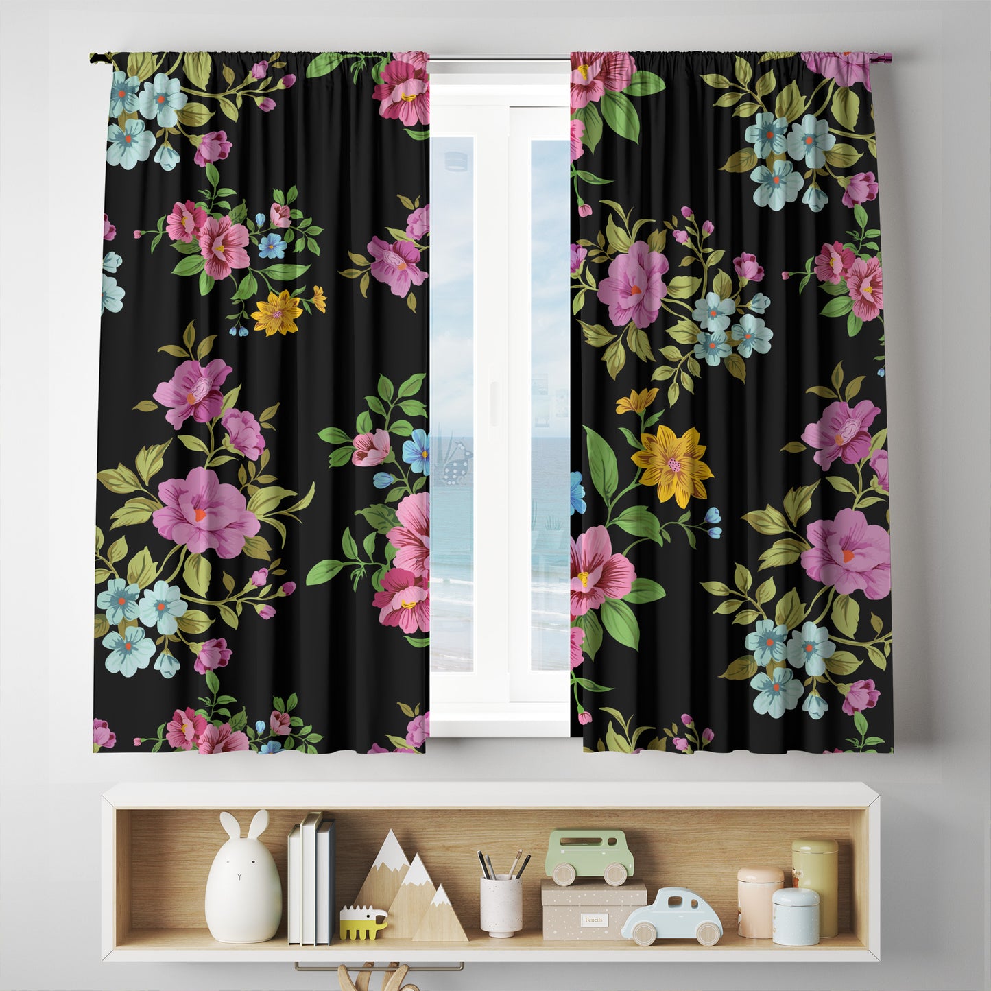 custom full sublimation Black Floral Curtains