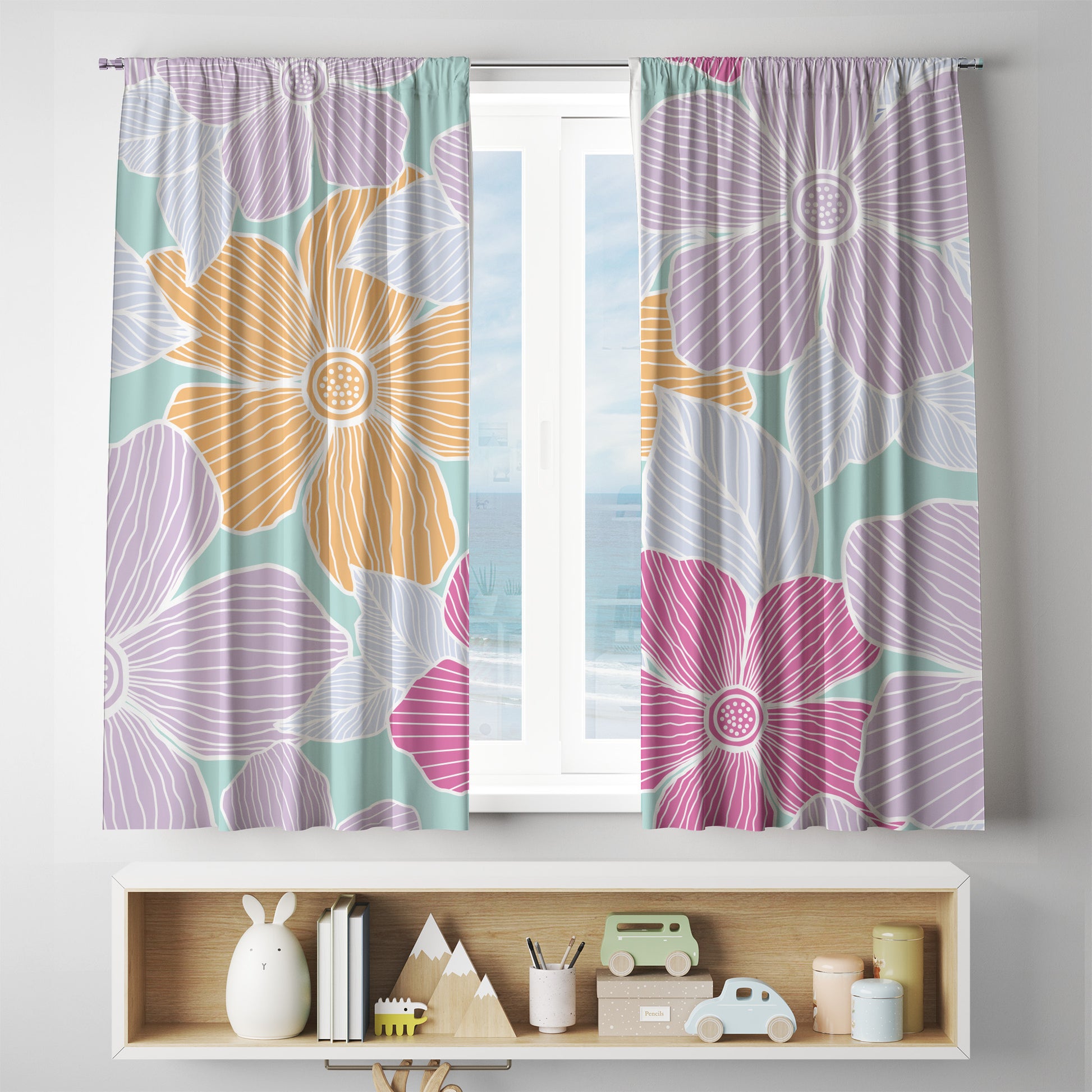 Purple Floral Flower Print Curtains