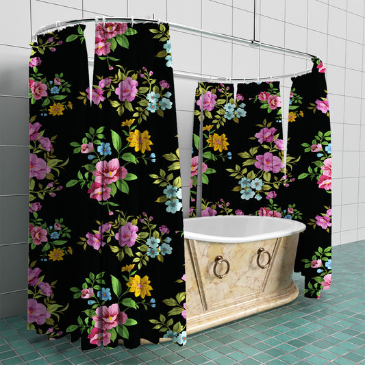 Black Floral Flower Fabric Shower Curtain